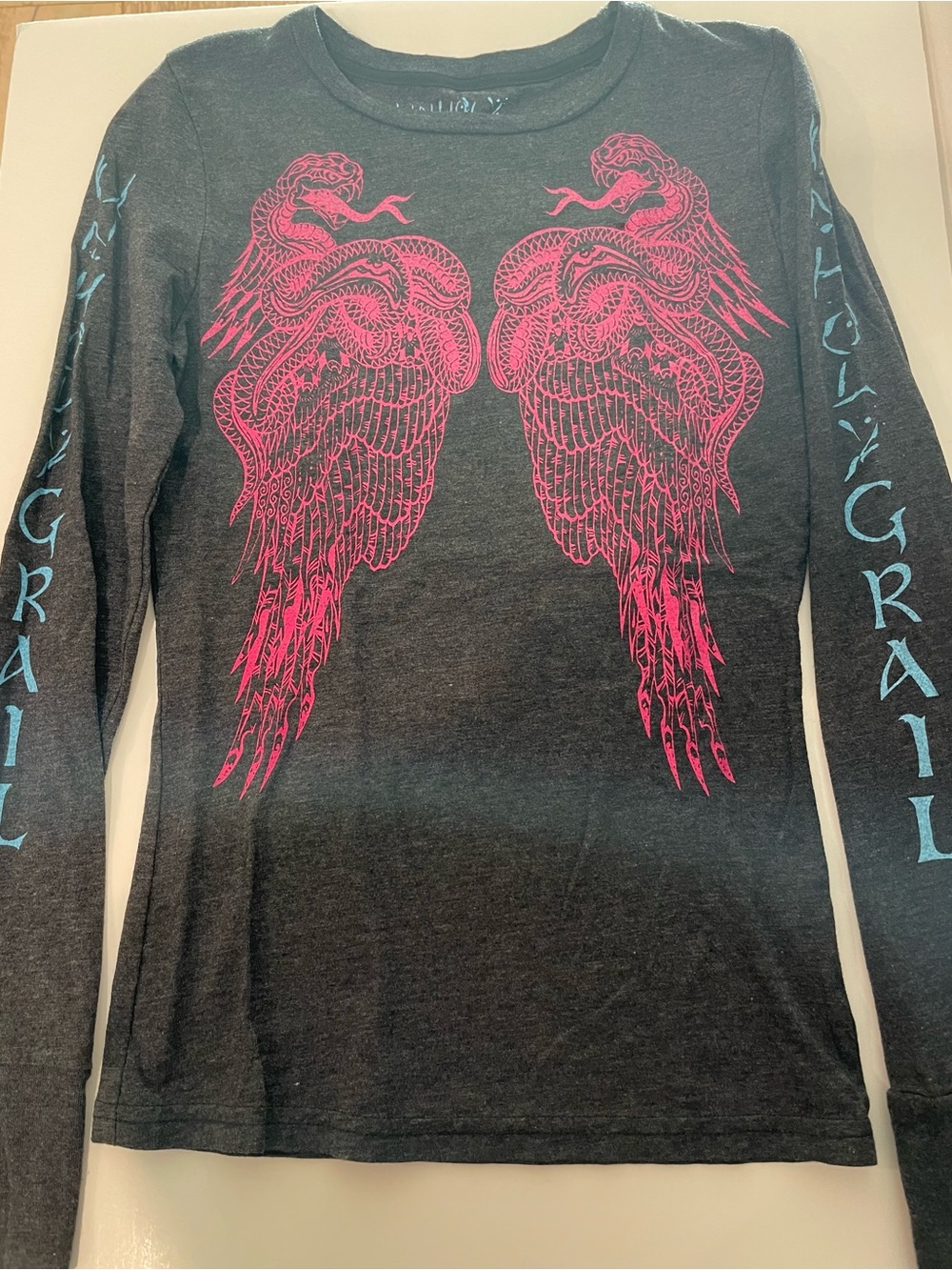 NWOT  Unholy Grail Long Sleeve Tee - Charcoal with Pink Graphic